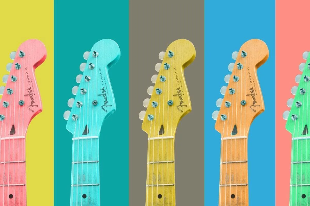 Pink, green, yellow and orange guitar